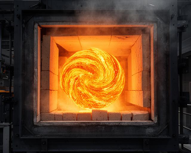 Carga de minerales y vidrio fundido dentro de un horno industrial de alta temperatura