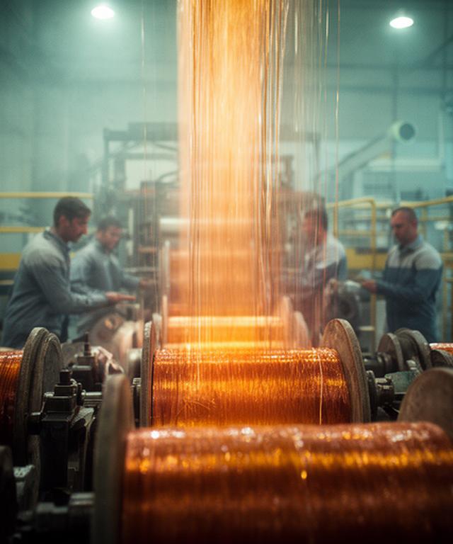 Operarios en una planta de fibra de vidrio con bobinas y filamentos brillando bajo luz industrial