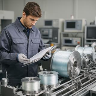 Técnico revisando bobinas y registros de control en un laboratorio industrial