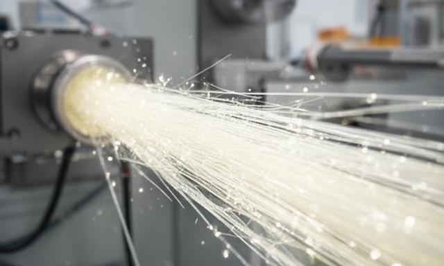 Primer plano de filamentos de fibra de vidrio saliendo de una línea de extrusión en un taller ordenado
