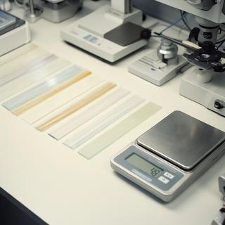 Mesa de laboratorio con muestras de fibra de vidrio, balanzas y instrumental de medición