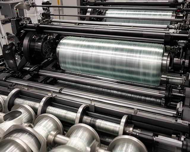 Bobinas de filamentos de fibra de vidrio formándose en una máquina de bobinado industrial