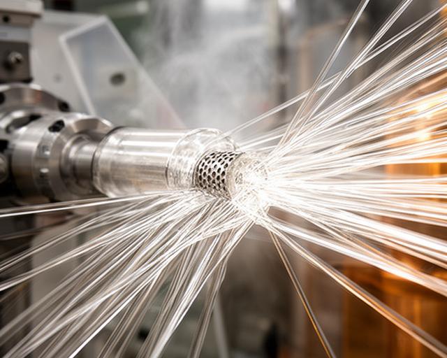 Filamentos de vidrio saliendo de un buje de extrusión con brillo intenso y control técnico
